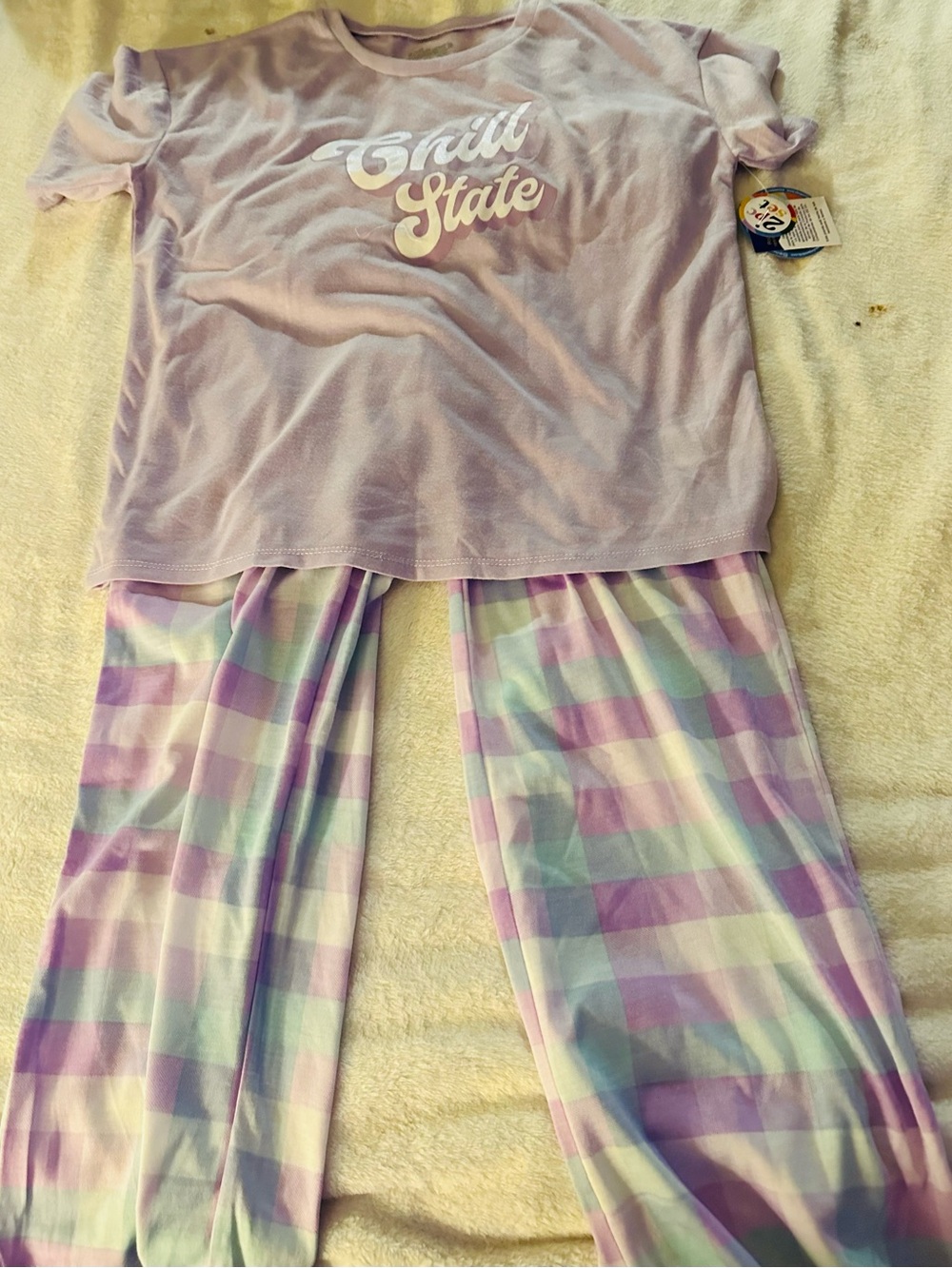 Sleep On It Lilac Short-Sleeve Pajama Set with Pastel Plaid Pants